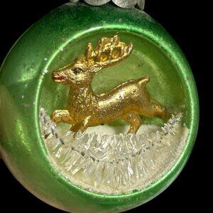 Blown Glass Indent Reindeer Pipe Cleaner Snow Diorama Christmas Ornament Germany